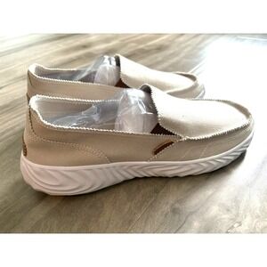 Men Beige Canvas Moc Toe Leather Patch Slip On Comfortable‎ Shoes Size 11
